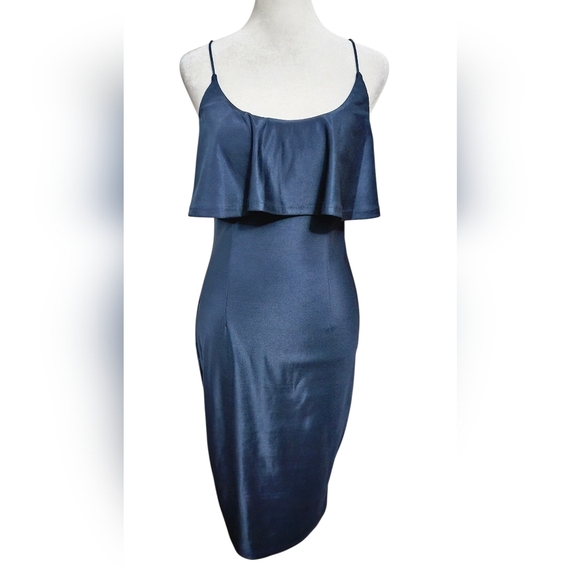 RARE LONDON Lurex Sheen Bodycon Midi Dress Sleeveless In Navy. Size 4 - Picture 13 of 13